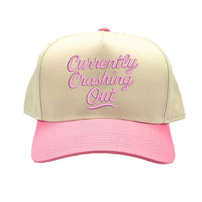 Natural Pink Currently Crashing Out embroidered baseball hat. A two-tone statement hat for women who love humor, comfort, and effortless outfits. - DSY Lifestyle