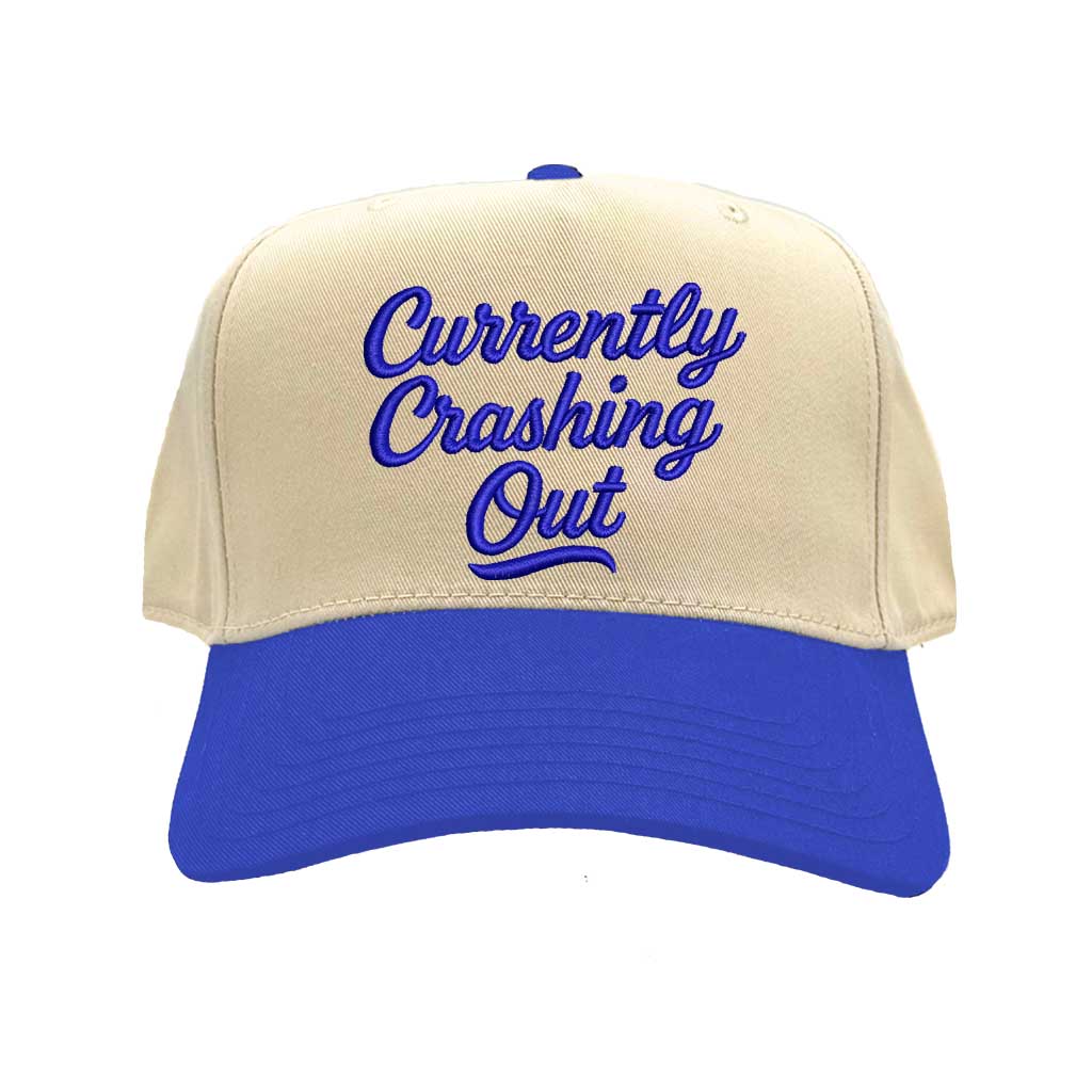 Natural Royal Blue Currently Crashing Out embroidered baseball hat. A two-tone statement hat for women who love humor, comfort, and effortless outfits. - DSY Lifestyle