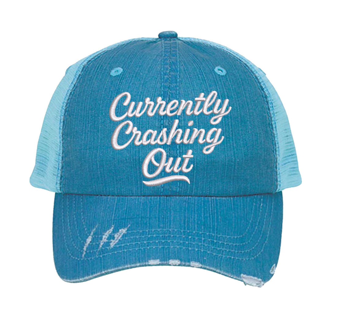 Aqua Currently Crashing Out embroidered trucker hat for women. Distressed statement hat for casual outfits, street style, and everyday wear. - DSY Lifestyle