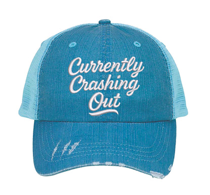 Aqua Currently Crashing Out embroidered trucker hat for women. Distressed statement hat for casual outfits, street style, and everyday wear. - DSY Lifestyle
