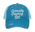 Aqua Currently Crashing Out embroidered trucker hat for women. Distressed statement hat for casual outfits, street style, and everyday wear. - DSY Lifestyle