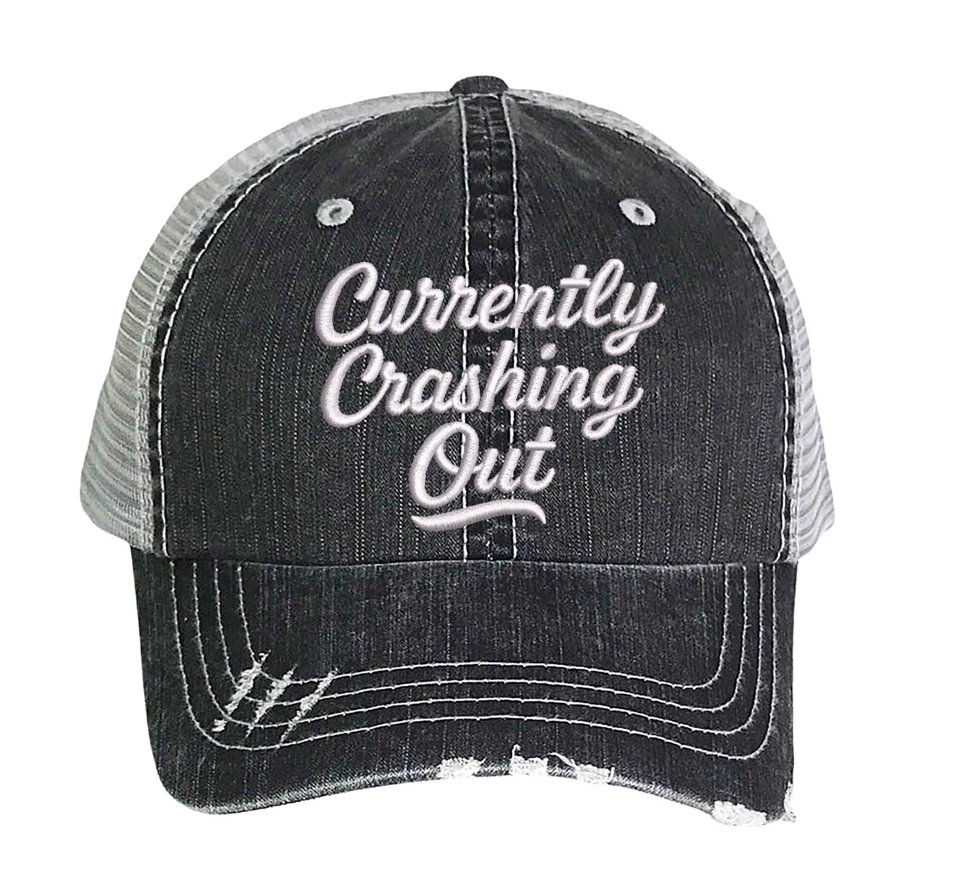Black Currently Crashing Out embroidered trucker hat for women. Distressed statement hat for casual outfits, street style, and everyday wear. - DSY Lifestyle