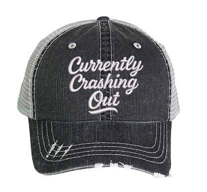 Black Currently Crashing Out embroidered trucker hat for women. Distressed statement hat for casual outfits, street style, and everyday wear. - DSY Lifestyle