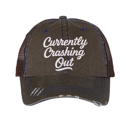 Brown Currently Crashing Out embroidered trucker hat for women. Distressed statement hat for casual outfits, street style, and everyday wear. - DSY Lifestyle