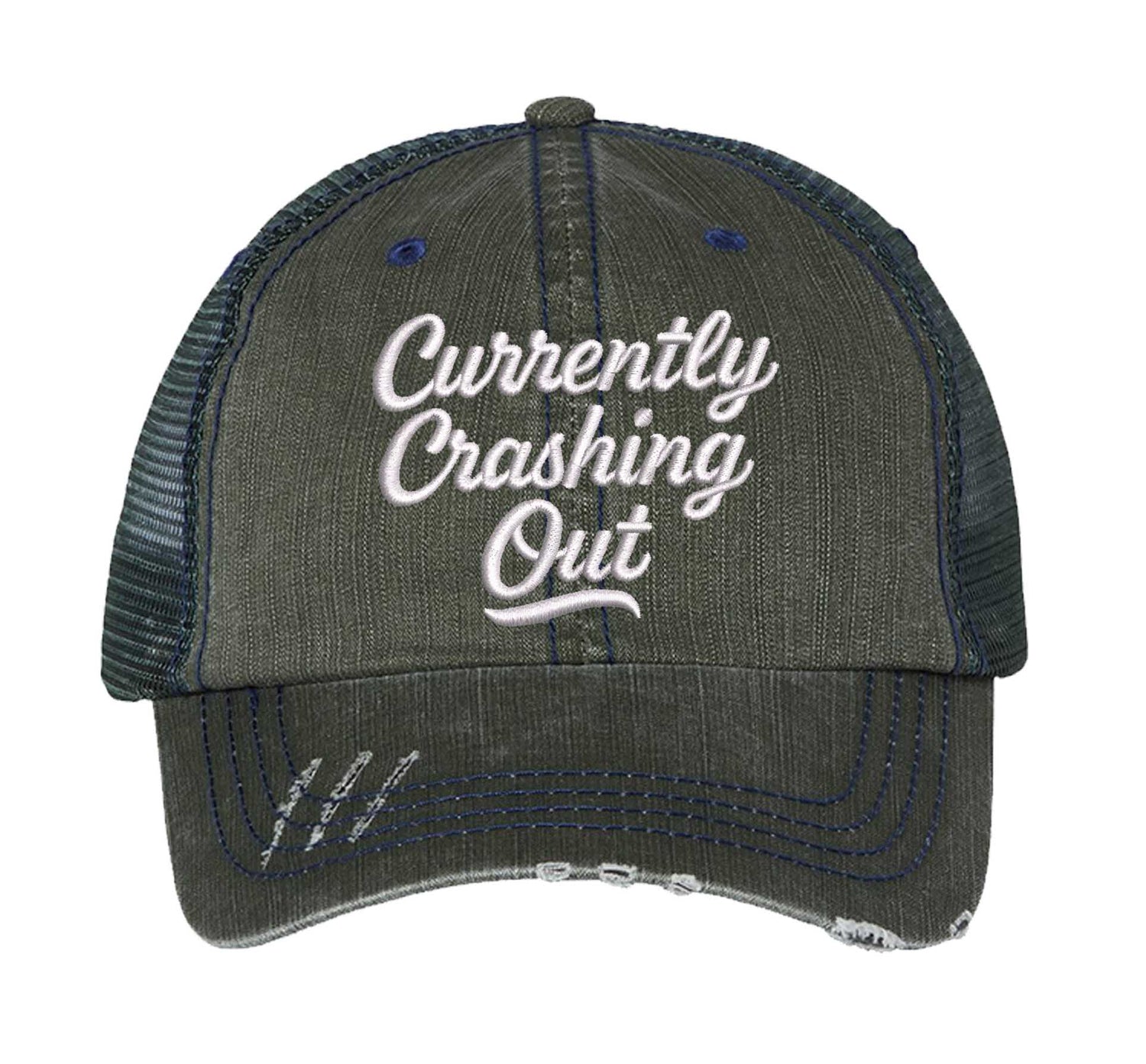Dark Green Currently Crashing Out embroidered trucker hat for women. Distressed statement hat for casual outfits, street style, and everyday wear. - DSY Lifestyle