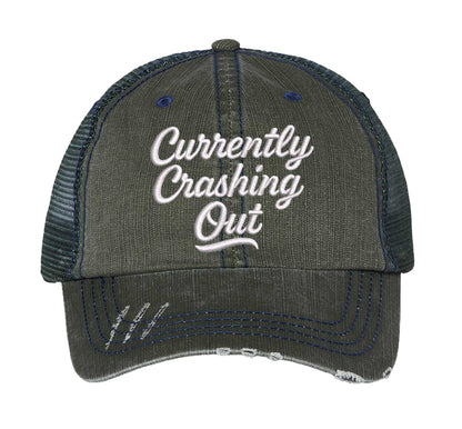 Dark Green Currently Crashing Out embroidered trucker hat for women. Distressed statement hat for casual outfits, street style, and everyday wear. - DSY Lifestyle