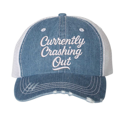 Denim Currently Crashing Out embroidered trucker hat for women. Distressed statement hat for casual outfits, street style, and everyday wear. - DSY Lifestyle