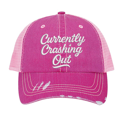 Hot Pink Currently Crashing Out embroidered trucker hat for women. Distressed statement hat for casual outfits, street style, and everyday wear. - DSY Lifestyle