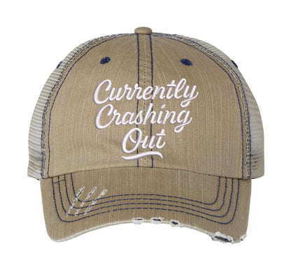 Khaki Currently Crashing Out embroidered trucker hat for women. Distressed statement hat for casual outfits, street style, and everyday wear. - DSY Lifestyle