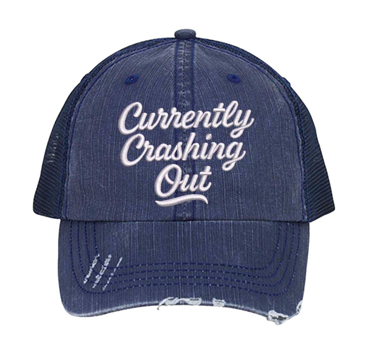 Navy Blue Currently Crashing Out embroidered trucker hat for women. Distressed statement hat for casual outfits, street style, and everyday wear. - DSY Lifestyle