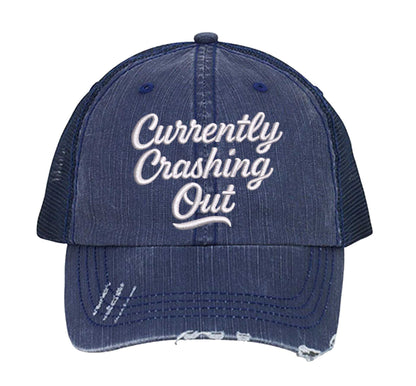Navy Blue Currently Crashing Out embroidered trucker hat for women. Distressed statement hat for casual outfits, street style, and everyday wear. - DSY Lifestyle