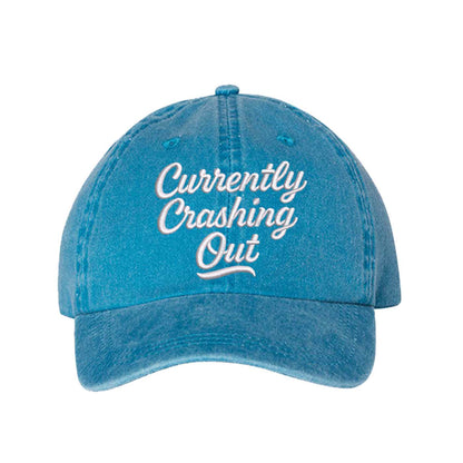Turquoise Currently Crashing Out Embroidered Baseball Hat – a washed, relaxed-fit statement cap designed for everyday comfort and real-life moods. Trendy, adjustable, and effortlessly stylish. - DSY Lifestyle