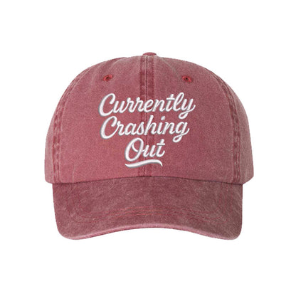 Wine Currently Crashing Out Embroidered Baseball Hat – a washed, relaxed-fit statement cap designed for everyday comfort and real-life moods. Trendy, adjustable, and effortlessly stylish. - DSY Lifestyle