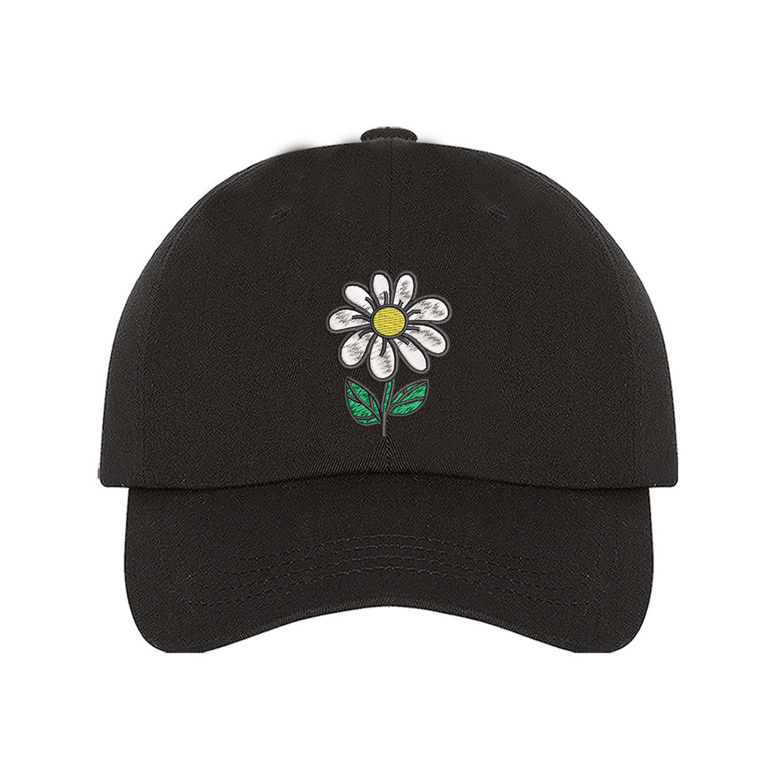 Black Baseball Cap embroidered with a daisy flower with stem - DSY Lifestyle