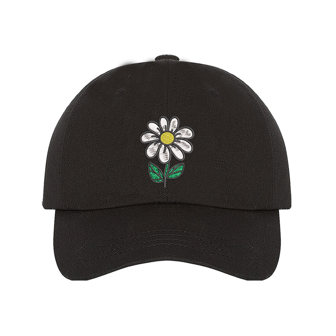 Black Baseball Cap embroidered with a daisy flower with stem - DSY Lifestyle