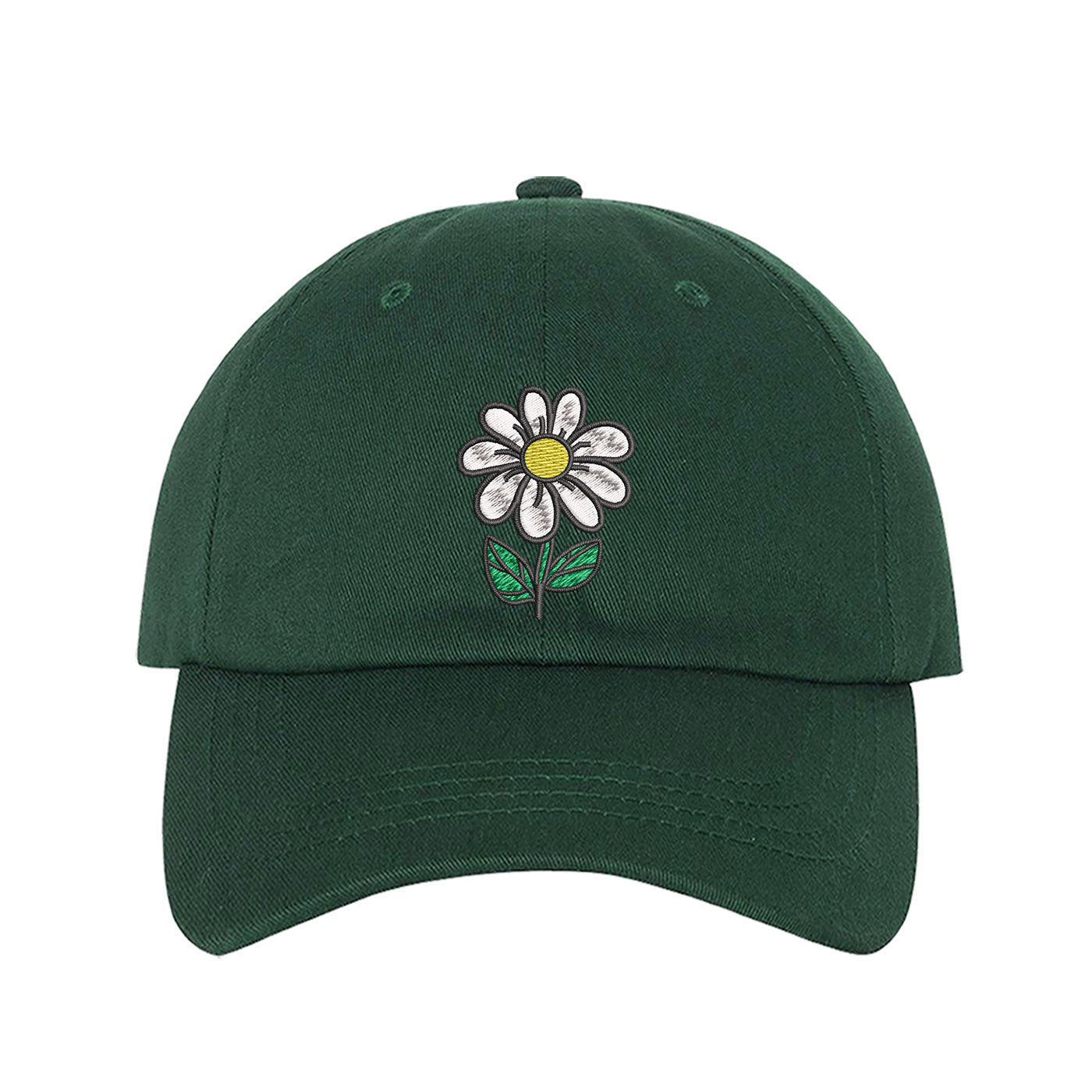 Forest Green Baseball Cap embroidered with a daisy flower with stem - DSY Lifestyle