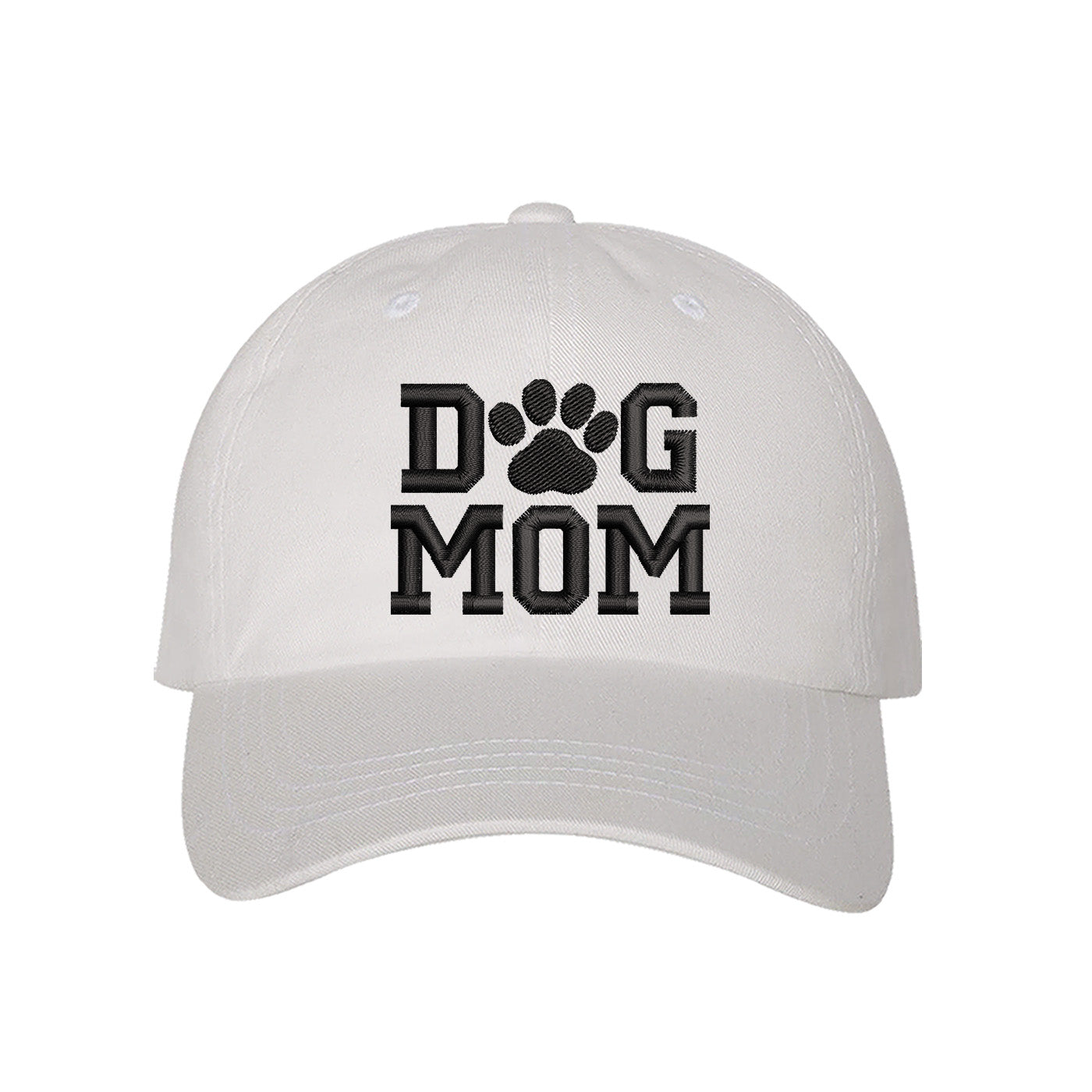 White Dog Mom With Paw Embroidered Baseball Hat, a playful statement hat for proud pet lovers with everyday style. DSY Lifestyle.