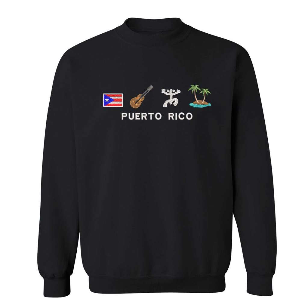 Black DTMF Puerto Rico Icons embroidered sweatshirt from DSY Lifestyle featuring four bold icons: Puerto Rican flag, cuatro guitar, Taíno symbol, and tropical island.