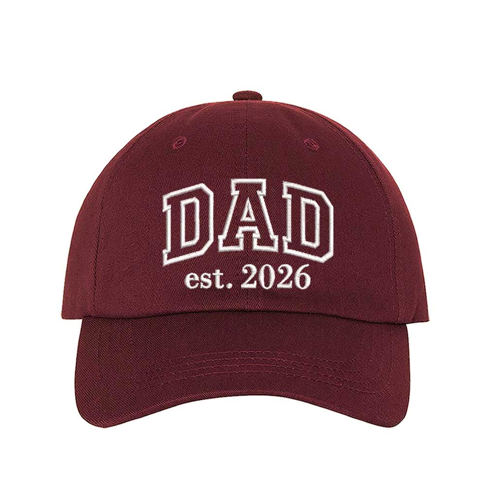 Burgundy Dad Est. 2026 Outline Baseball Hat featuring minimalist outline embroidery on a classic dad cap; a stylish 2026 baby announcement gift for new fathers by DSY Lifestyle.
