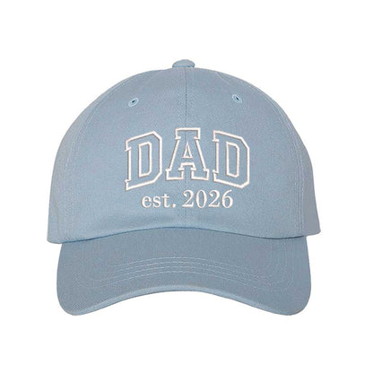 Sky Blue Dad Est. 2026 Outline Baseball Hat featuring minimalist outline embroidery on a classic dad cap; a stylish 2026 baby announcement gift for new fathers by DSY Lifestyle.
