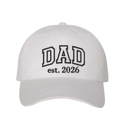 White Dad Est. 2026 Outline Baseball Hat featuring minimalist outline embroidery on a classic dad cap; a stylish 2026 baby announcement gift for new fathers by DSY Lifestyle.