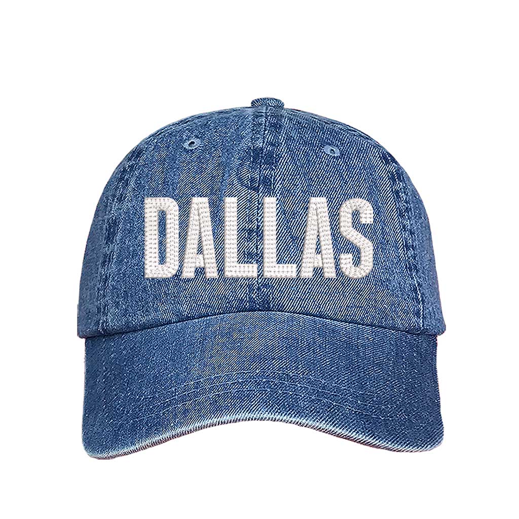 Light Denim Dallas Texas embroidered baseball hat with Texas map design. A statement baseball hat for women who love Texas pride, street style, and effortless outfits. - DSY Lifestyle