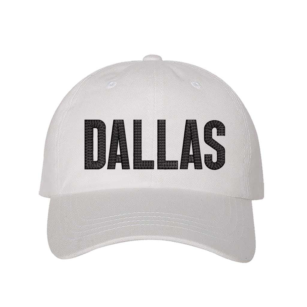 White with black thread Dallas Texas embroidered baseball hat with Texas map design. A statement baseball hat for women who love Texas pride, street style, and effortless outfits. - DSY Lifestyle
