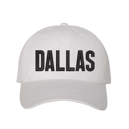 White with black thread Dallas Texas embroidered baseball hat with Texas map design. A statement baseball hat for women who love Texas pride, street style, and effortless outfits. - DSY Lifestyle