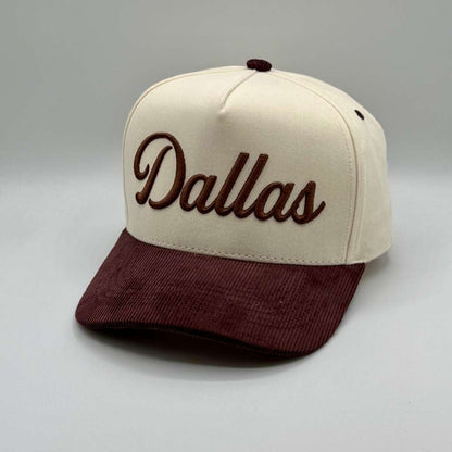 Dallas embroidery on a natural/pink corduroy bill baseball hat - DSY Lifestyle

