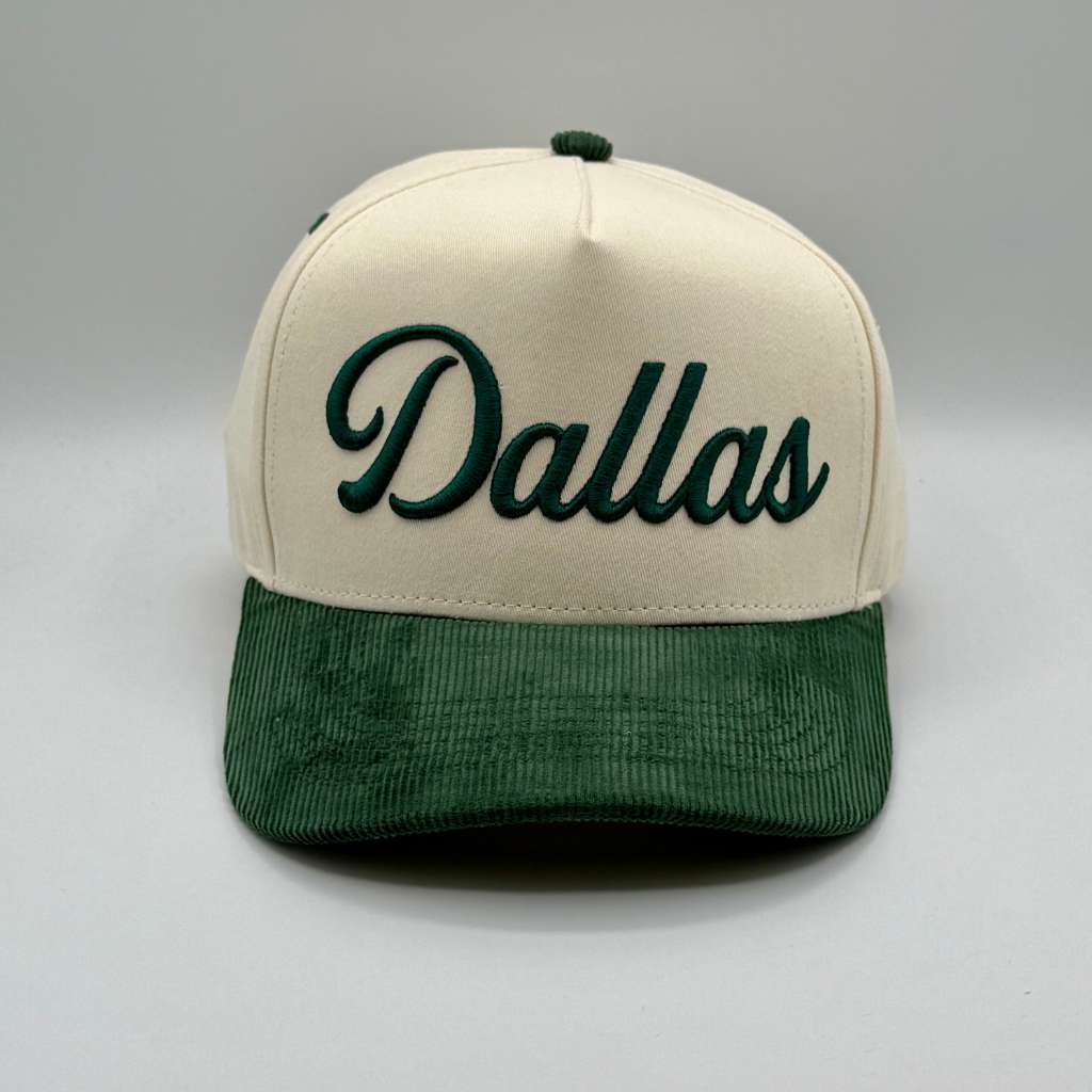 Dallas embroidery on a natural/forest green corduroy bill baseball hat - DSY Lifestyle