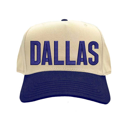 Natural Navy Blue Dallas Texas embroidered two tone baseball hat. A statement baseball hat for women who love Texas pride, street style, and effortless outfits. - DSY Lifestyle