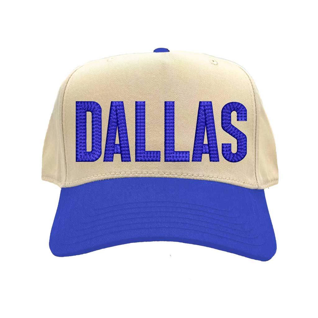 Natural Royal Blue Dallas Texas embroidered two tone baseball hat. A statement baseball hat for women who love Texas pride, street style, and effortless outfits. - DSY Lifestyle