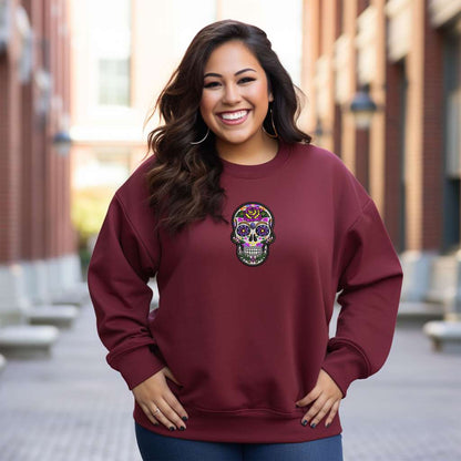  Female wearing burgundy sweatshirts embroidered with a Dia de los Muertos sugar skull - DSY Lifestyle 