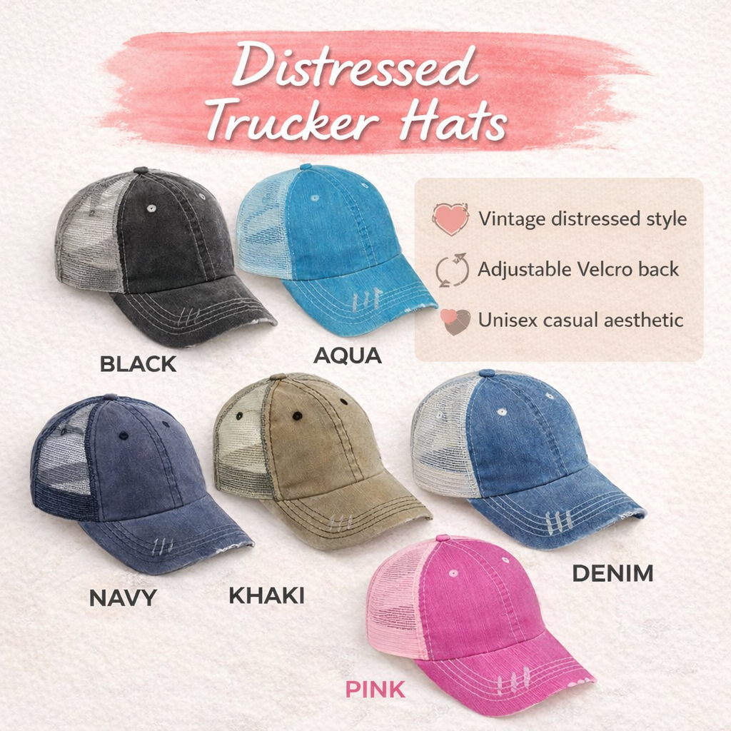 Distressed trucker hats in various colors with product details on a white background