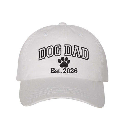 White Dog Dad Est. 2026 Embroidered Baseball Hat. The perfect gift for new dog owners in 2026, this premium cotton dad cap offers a comfortable, adjustable fit for every pet parent. - DSY Lifestyle