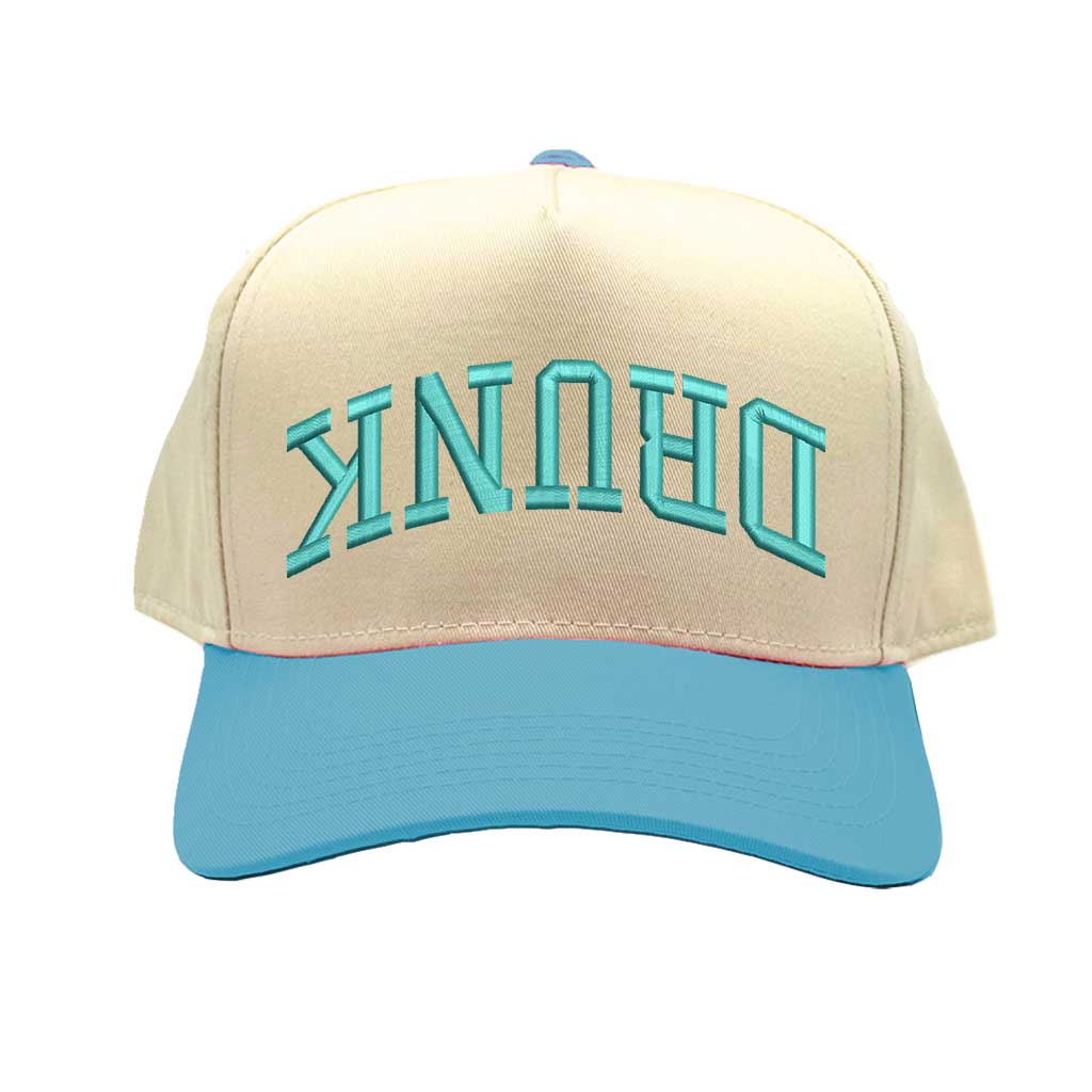 Natural Aqua Drunk (Upside Down) Two-Tone 5-Panel Embroidered Baseball Hat featuring bold upside-down text on a trendy snapback cap, perfect for party and festival style - DSY Lifestyle