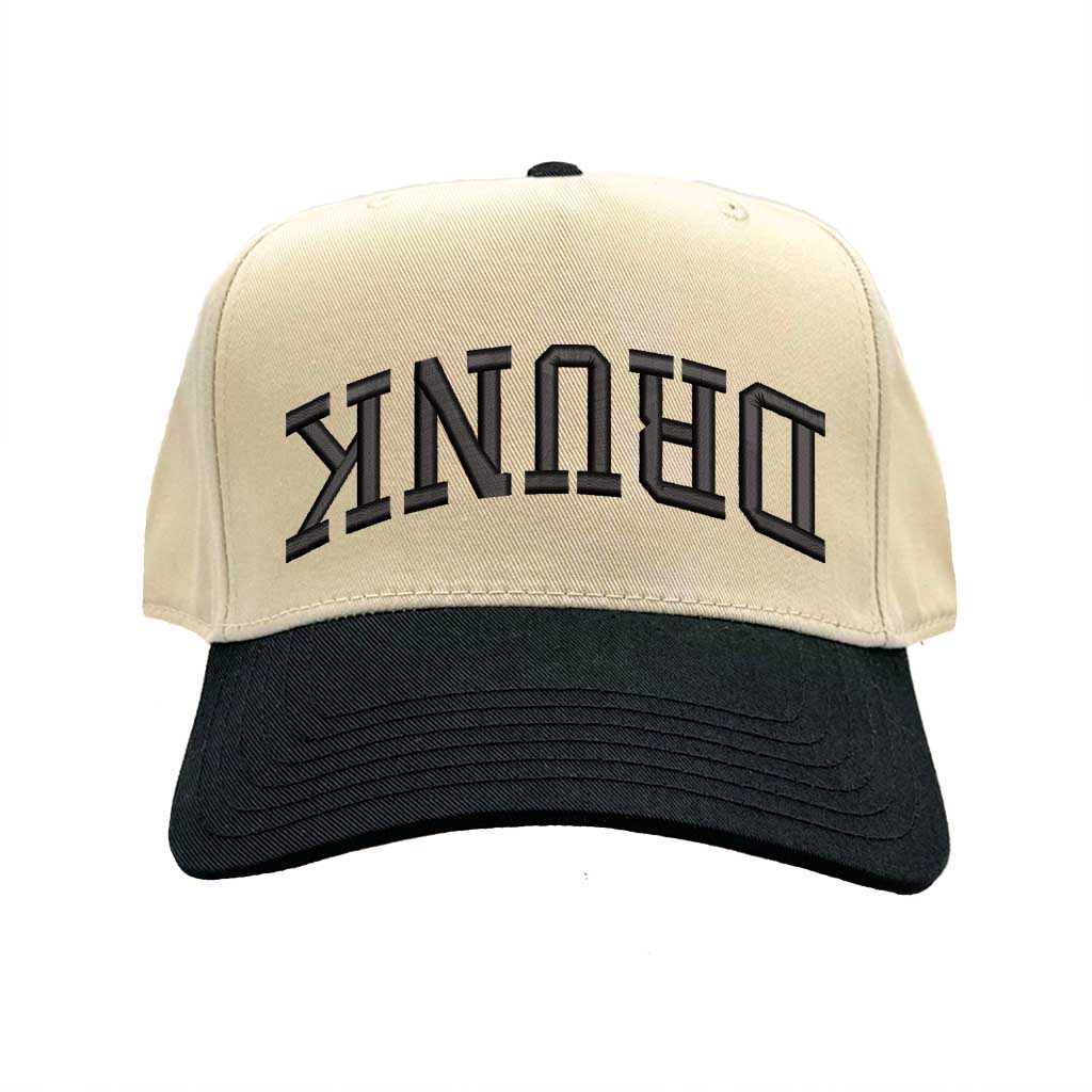 Natural Black Drunk (Upside Down) Two-Tone 5-Panel Embroidered Baseball Hat featuring bold upside-down text on a trendy snapback cap, perfect for party and festival style - DSY Lifestyle