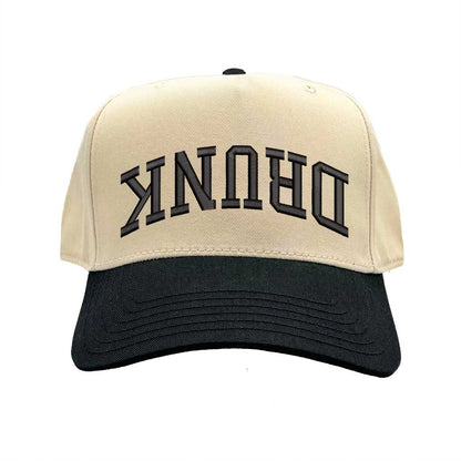 Natural Black Drunk (Upside Down) Two-Tone 5-Panel Embroidered Baseball Hat featuring bold upside-down text on a trendy snapback cap, perfect for party and festival style - DSY Lifestyle