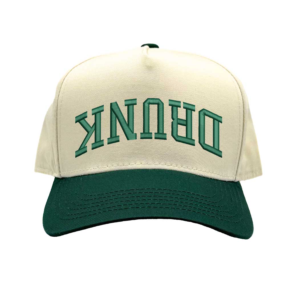 Natural Forest Green Drunk (Upside Down) Two-Tone 5-Panel Embroidered Baseball Hat featuring bold upside-down text on a trendy snapback cap, perfect for party and festival style - DSY Lifestyle