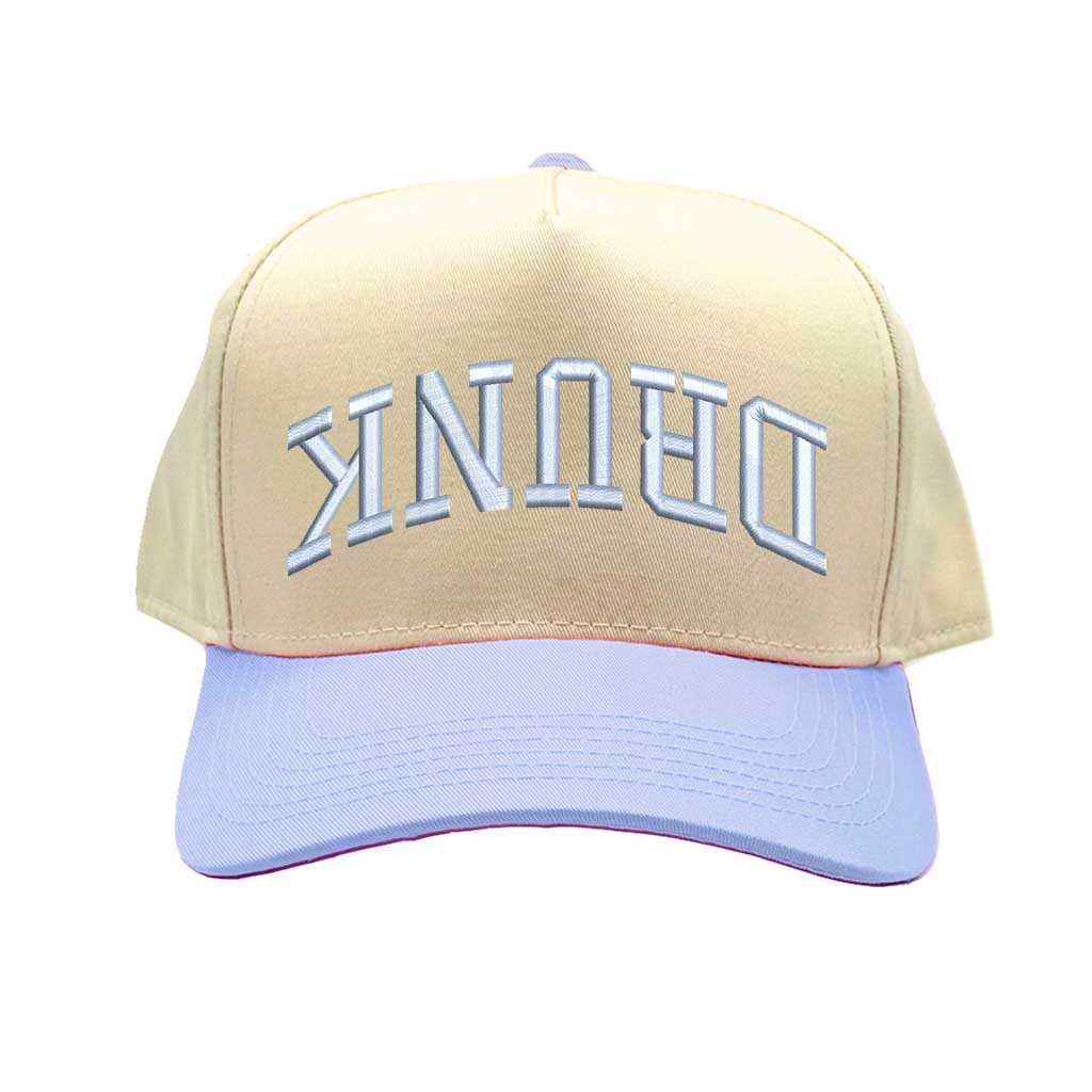 Natural Sky Blue Drunk (Upside Down) Two-Tone 5-Panel Embroidered Baseball Hat featuring bold upside-down text on a trendy snapback cap, perfect for party and festival style - DSY Lifestyle