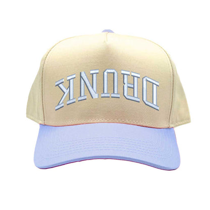 Natural Sky Blue Drunk (Upside Down) Two-Tone 5-Panel Embroidered Baseball Hat featuring bold upside-down text on a trendy snapback cap, perfect for party and festival style - DSY Lifestyle