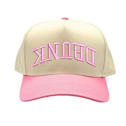 Natural Light Pink Drunk (Upside Down) Two-Tone 5-Panel Embroidered Baseball Hat featuring bold upside-down text on a trendy snapback cap, perfect for party and festival style - DSY Lifestyle