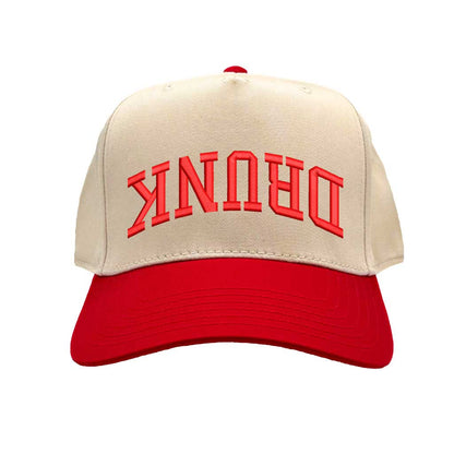 Natural Red Drunk (Upside Down) Two-Tone 5-Panel Embroidered Baseball Hat featuring bold upside-down text on a trendy snapback cap, perfect for party and festival style - DSY Lifestyle