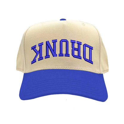 Natural Royal Blue Drunk (Upside Down) Two-Tone 5-Panel Embroidered Baseball Hat featuring bold upside-down text on a trendy snapback cap, perfect for party and festival style - DSY Lifestyle