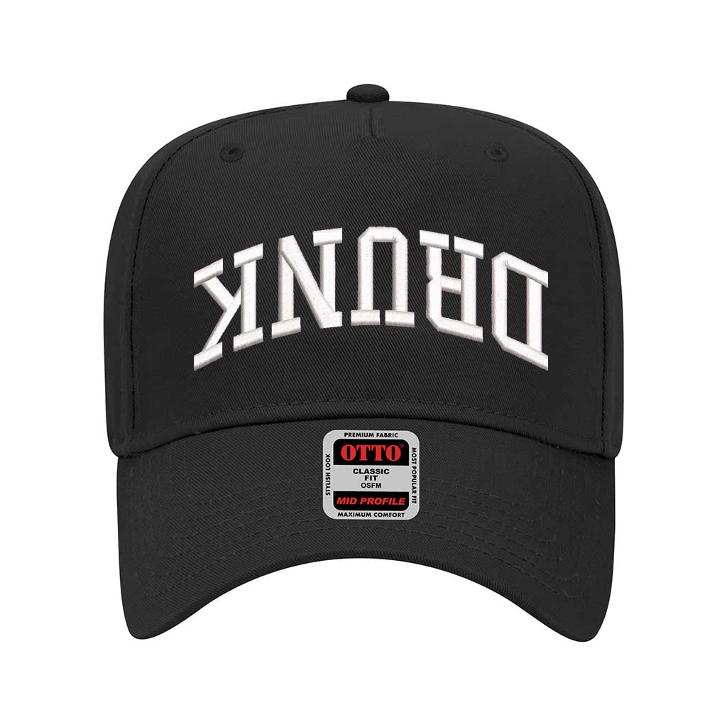 Solid Black Drunk (Upside Down) 5-Panel Embroidered Baseball Hat featuring bold upside-down text on a trendy snapback cap, perfect for party and festival style - DSY Lifestyle
