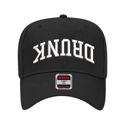 Solid Black Drunk (Upside Down) 5-Panel Embroidered Baseball Hat featuring bold upside-down text on a trendy snapback cap, perfect for party and festival style - DSY Lifestyle