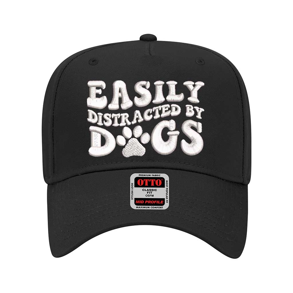 Black 5 panel baseball hat embroidered with the phrase easily distracted by dogs-DSY Lifestyle