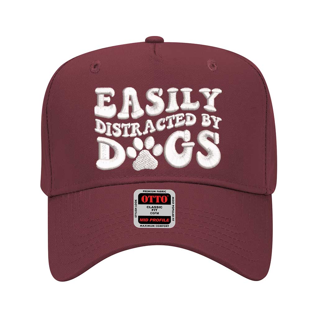 Burgundy 5 panel baseball hat embroidered with the phrase easily distracted by dogs-DSY Lifestyle