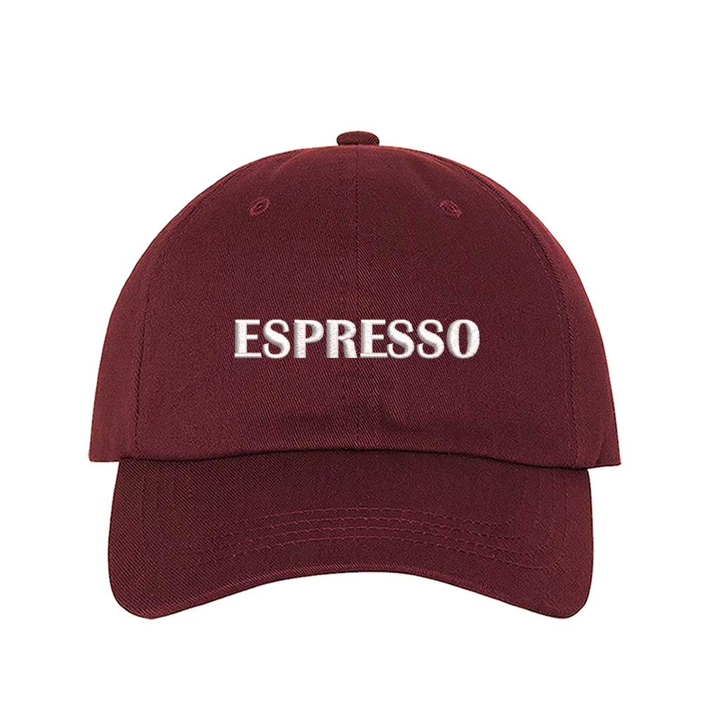 Burgundy close-up view of a DSY Lifestyle cotton baseball hat featuring the word Espresso in crisp white embroidery. - DSY Lifestyle