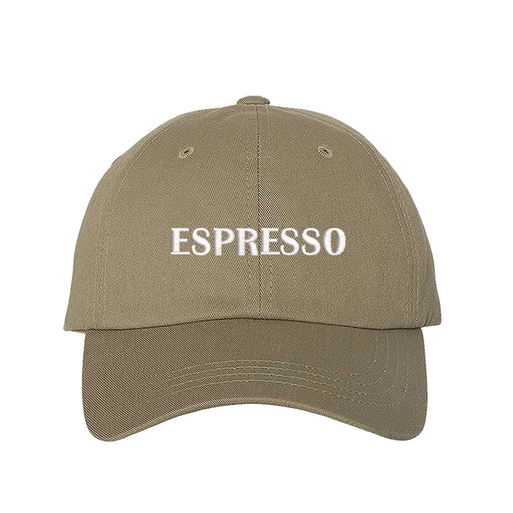 Khaki close-up view of a DSY Lifestyle cotton baseball hat featuring the word Espresso in crisp white embroidery. - DSY Lifestyle